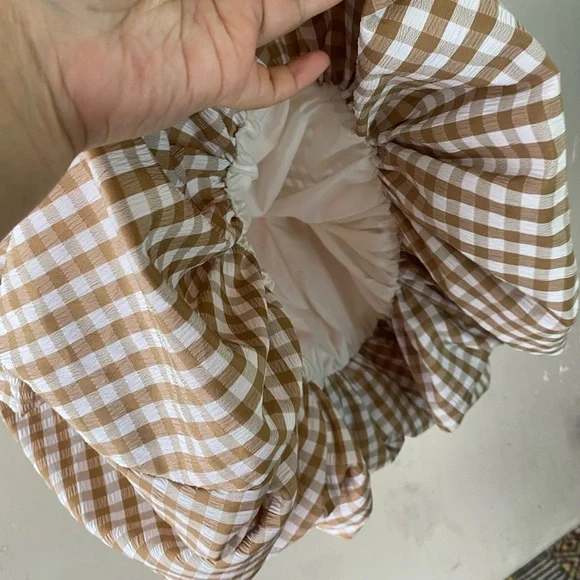 Emerson Lang Tan Gingham Bubble Midi Skirt Size M Tan White Plaid Lined - Picture 8 of 11